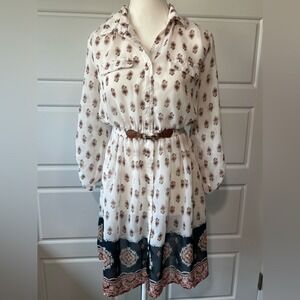 Always Indigo Paisley Print Shirt Dress Belted Long Sleeve Knee Length Womens PS